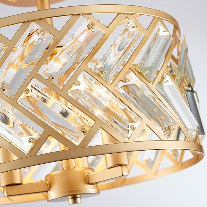 Shrine Lighting Crystal Ceiling Light, Gold Crystal Chandelier for Living Room, D12.4'' x H11.2'', E12*3 Sockets, Ctystal Lampshade & Gold Finish Frame