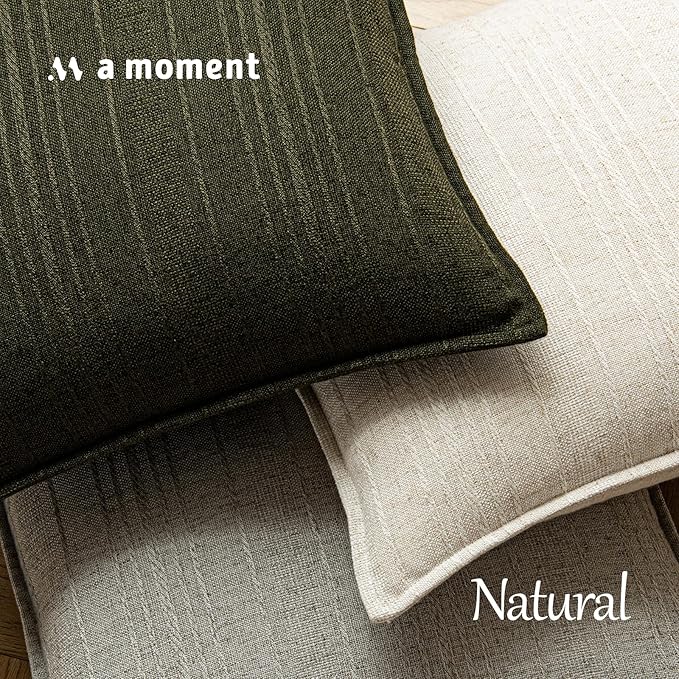 a moment Linen Pillow Covers Set of 2,Boho Farmhouse Throw Pillowcases Neutral Textured Decorative Covers for Couch Sofa,Soft Linen Blend Accent Case Cushion Living Room Home Decor 24"x24"Dark Green