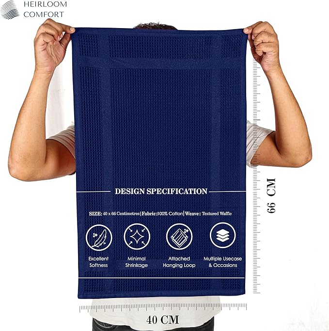 12 Pack Blue Waffle Weave Kitchen Towels, 16x26 Inches, 100% Cotton Dishcloth Set, Super Absorbent, Quick Dry, Soft Hand Towels for Drying Dishes, Cleaning, Durable, Indigo Blue