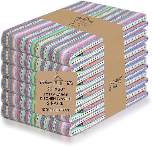Urban Villa Kitchen Towels Blue Multi Dobby Stripes Premium Quality 100% Cotton Dish Towels Mitered Corners Ultra Soft (Size: 20x30 Inches) Highly Absorbent Bar & Tea Towels (Set of 6)