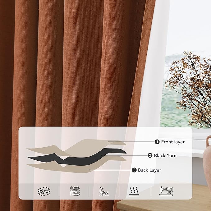 100% Blackout Linen Curtains for Bedroom Thermal Insulated Grommet Complete Blackout Drapes 72 Inch Length 2 Panels Set Heat and Full Light Blocking Living Room Darkening Curtains Terracotta