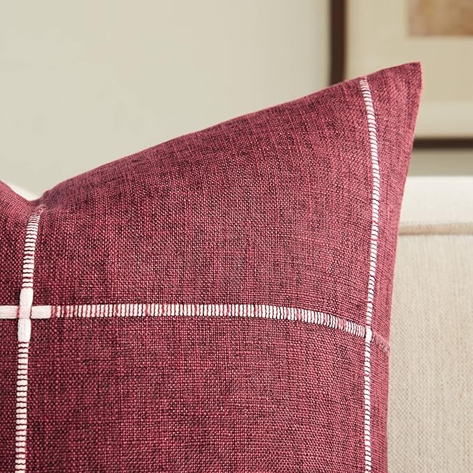 2 Packs Grid Embroidery Throw Pillow Covers, 24x24 Inch Burgundy, Farmhouse Linen Decorative Red Cushion Covers for Sofa Bed Living Room Home Decor