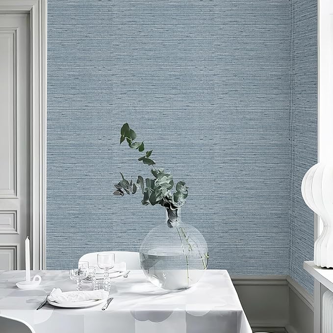 Grasscloth Peel and Stick Wallpaper 17.3" x 197" Blue Textured Grasscloth Wall Paper Renter Friendly Wallpaper Self Adhesive Removable for Bathroom Bedroom
