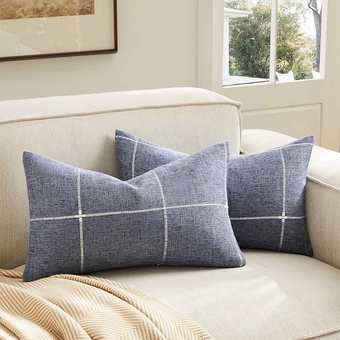 2 Packs Grid Embroidery Lumbar Throw Pillow Covers, 12x20 Inch Navy Blue, Farmhouse Linen Decorative Navy Blue Cushion Covers for Sofa Bed Living Room Home Decor