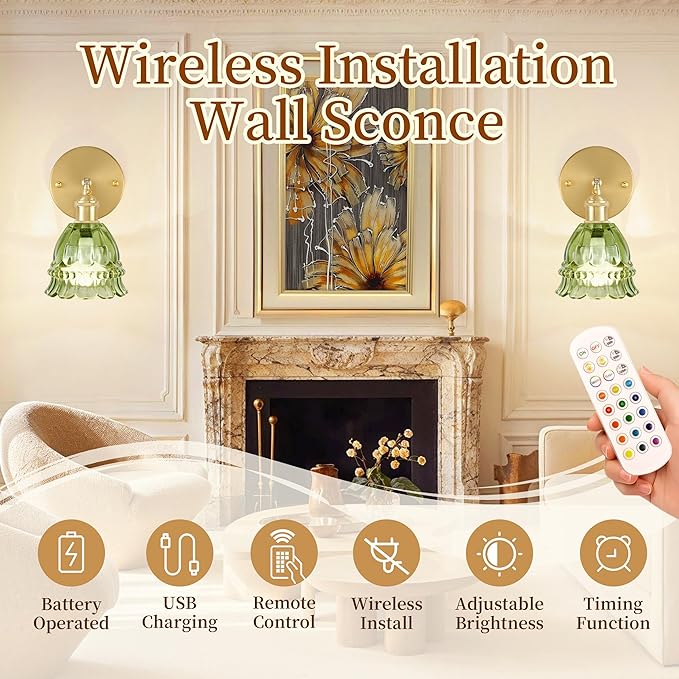 Battery Operated Wall Sconce with Remote Control,Vintage Wall Lamp with Flower lampshade,Rechargeable Battery Powered Wall Lights with 15 Colors for Beside Bedroom Living Room Doorway,Lily Green