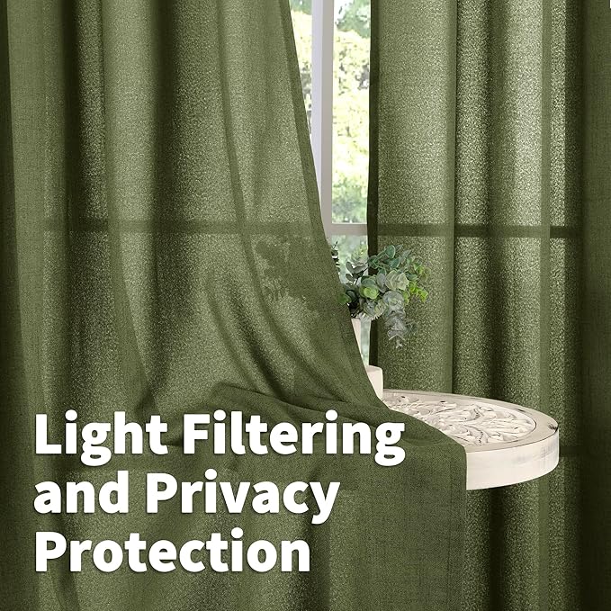 YoungsTex Olive Green Linen Semi Sheer Curtains 72 Inch Length for Living Room, Light Filtering Drape Rod Pocket Back Tab Window Treatment for Bedroom Dining, 2 Panels, 52 X 72 Inch