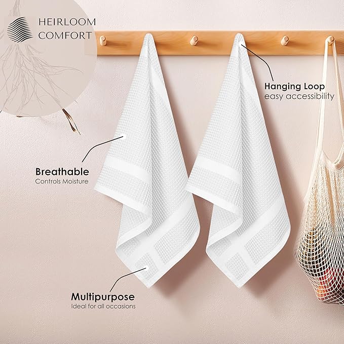 3 Pack White Waffle Weave Kitchen Towels, 100% Cotton, 16"x26", Super Absorbent, Quick Dry Dishcloth Set with Hanging Loop, Soft for Drying Dishes, Cleaning, Hand Towels, Durable