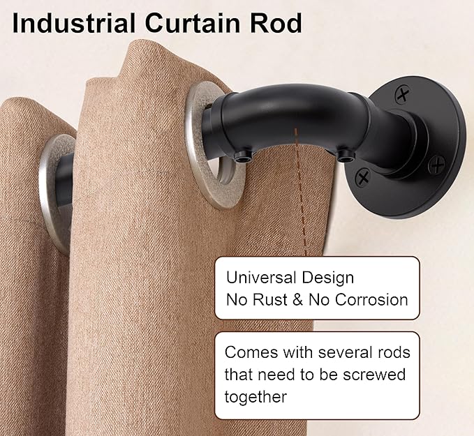 OEMQOBE Curtain Rods for Windows 16 to 120 Inches, Heavy Duty Industrial Curtain Rods 2 pack, Adjustable Wrap Around Blackout Curtains Rod, Black Drapery Rod, 1 Inch Indoor/Outdoor Drapery Pole