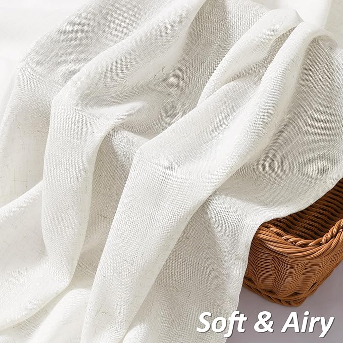 Guken Linen Curtains 84 Inches Long 2 Panel Set Rod Pocket Semi Sheer Dining Room Cozy Bedroom Decor Cotton Look Country Rustic Farmhouse Boho Curtains Beige White, 52x84