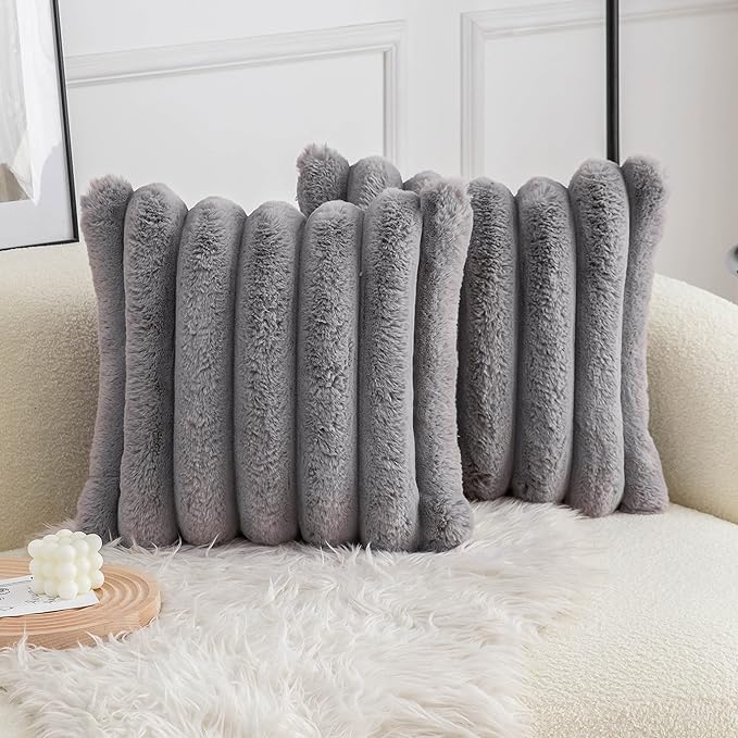 Neelvin Grey Faux Fur Cozy Soft Striped Decorative Throw Pillow Covers 16x16 inch Set of 2,Velvet Pillowcase Cushion Case for Sofa Couch