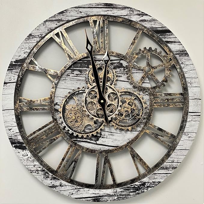 ImprovingLife The Gears Clock The Original Real Moving Gear Wall Clock Vintage Industrial Oversized Rustic Farmhouse (24 inch (60cm), Vintage Grey and White)