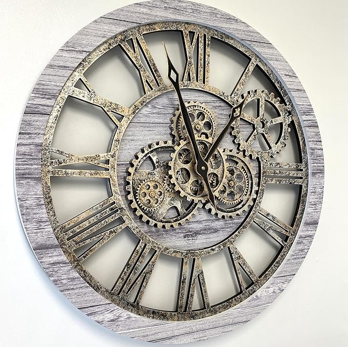 ImprovingLife The Gears Clock The Original Real Moving Gear Wall Clock Vintage Industrial Oversized Rustic Farmhouse (24 inch (60cm),Silver Grey)