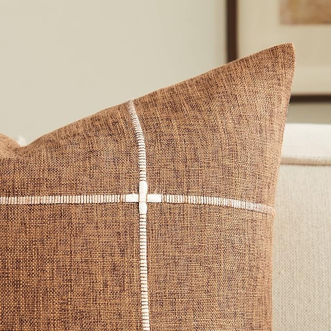 2 Packs Grid Embroidery Throw Pillow Covers, 24x24 Inch Caramel, Farmhouse Linen Decorative Caramel Cushion Covers for Sofa Bed Living Room Home Decor