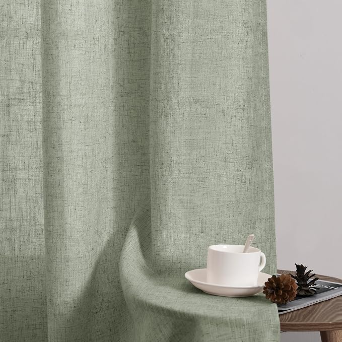 Guken Sage Green Linen Curtains 120 Inch Length for Living Room Bedroom 2 Panels Set Rod Pocket Light Filtering Semi Sheer Window Curtains 52 Inch Width Boho Farmhouse Linen Drapes, W52xL120