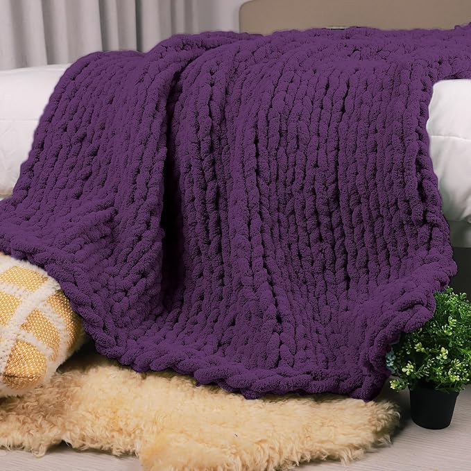 Carriediosa Chunky Knit Throw Blanket 50" X 60", 100% Hand Made Large Chenille Loop Yarn Soft Fluffy Throws for Couch Sofa Bed, Big Crochet Cozy Heavy Thick Cable Woven Blanket, Dark Purple