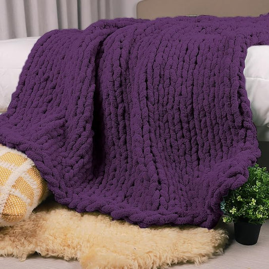 Carriediosa Chunky Knit Throw Blanket 50" X 60", 100% Hand Made Large Chenille Loop Yarn Soft Fluffy Throws for Couch Sofa Bed, Big Crochet Cozy Heavy Thick Cable Woven Blanket, Dark Purple