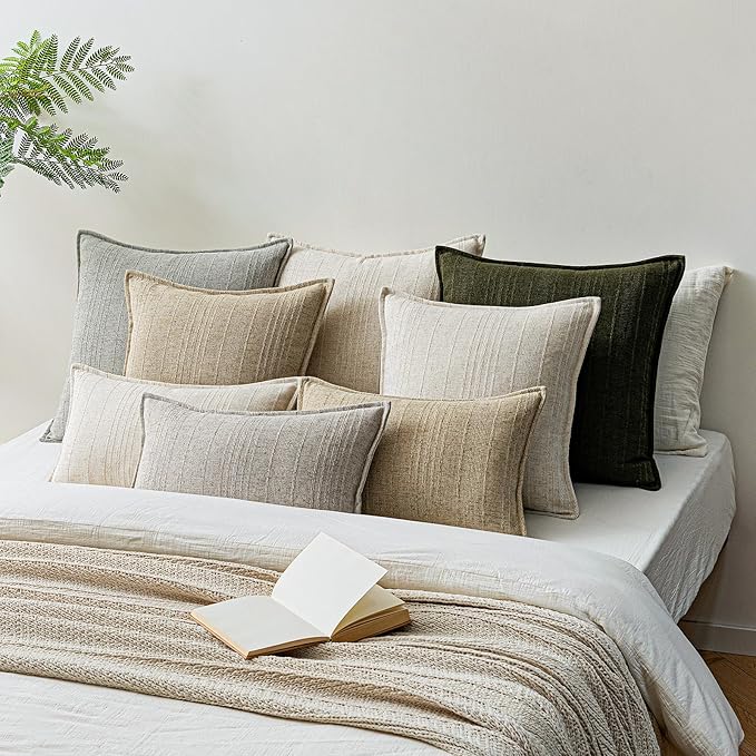 a moment Linen Pillow Covers Set of 2,Boho Farmhouse Throw Pillowcases Neutral Textured Decorative Covers for Couch Sofa Bed, Soft Linen Blend Accent Case Cushion Living Room Home Decor 18"x18"Ivory