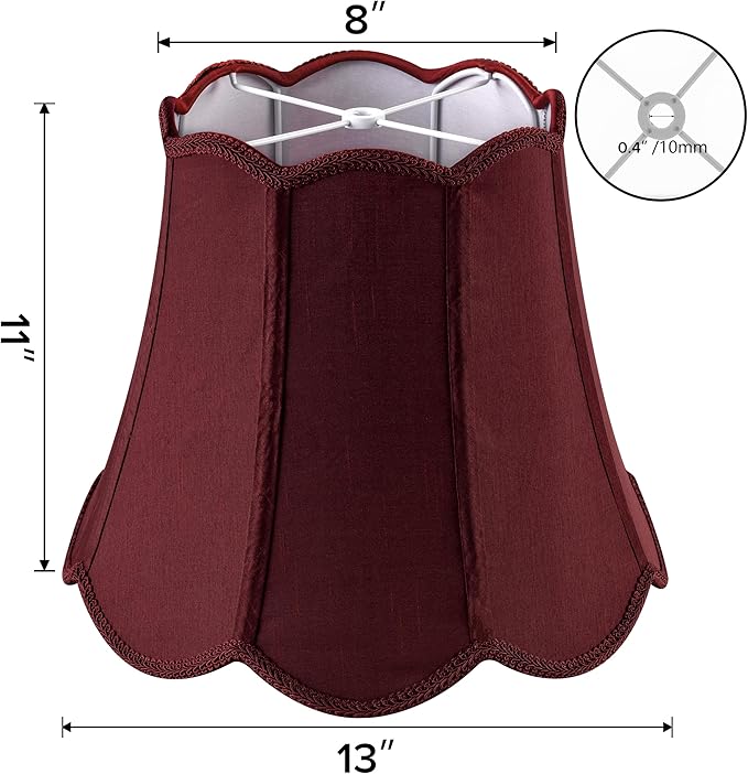 GOSO 13" Medium Burgundy Scalloped Lamp Shades Art Deco, Red Wavy Floral Petal Edge,8" ×13" ×11" Spider for Table Lamp, Floor Lamps Replacement, Faux Silk Lampshade,Easy Assembly(Set of 2)