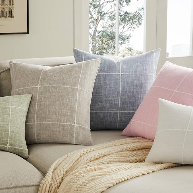 2 Packs Grid Embroidery Throw Pillow Covers, 16x16 Inch Pink, Farmhouse Linen Decorative Pink Cushion Covers for Sofa Bed Living Room Home Decor