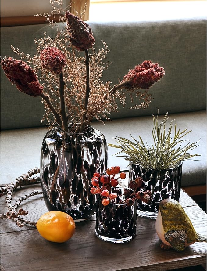 CONVIVA Glass Vase and Candle Holder Set, 3-Piece, Flower Vase Tortoise Pattern,Modern Home Decor Table Centerpiece Thanksgiving Christmas Day Gift Idea.