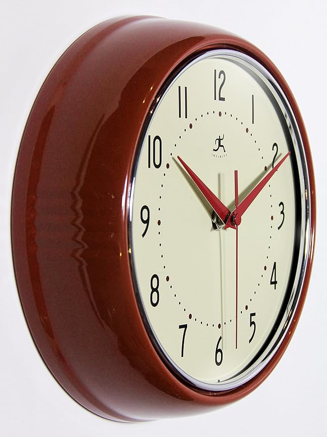 Infinity Instruments LTD. Retro 12 inch Silent Sweep Non-Ticking Mid Century Modern Kitchen Diner Wall Clock Quartz Movement Retro Wall Clock Decorative (Red)
