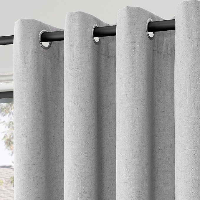 Grommet Grey Blackout Linen Curtains 96 inches Long for Bedroom Full Light Blocking Thermal Insulated Black Out Curtain Panels 96 Inch Length Energy Saving Room Darkening Curtain White Backing 8ft