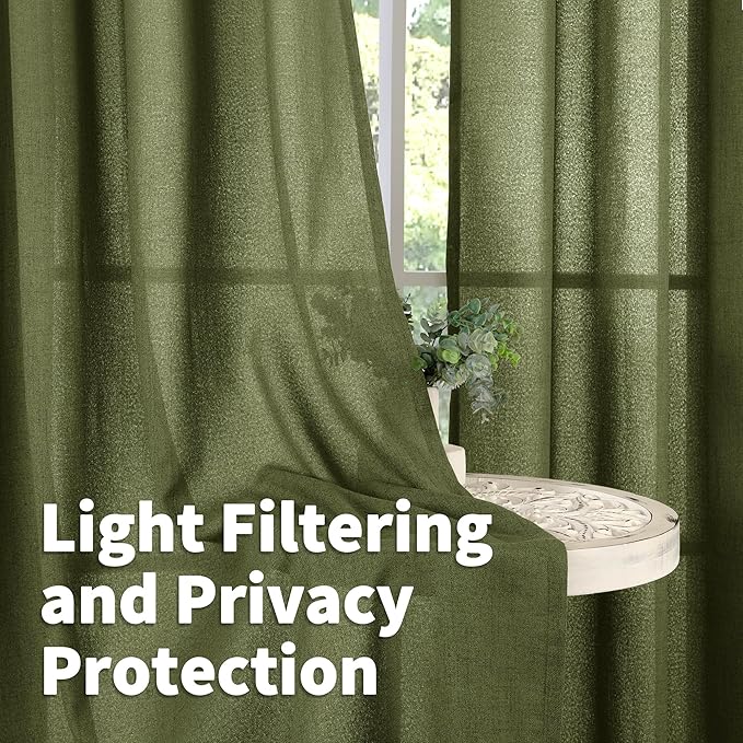 YoungsTex Olive Green Linen Curtains 78 Inch Length for Living Room, Light Filtering Semi Sheer Window Drapes with Rod Pocket Back Tab for Office Dining Bedroom, 2 Panels, 52 X 78 Inch