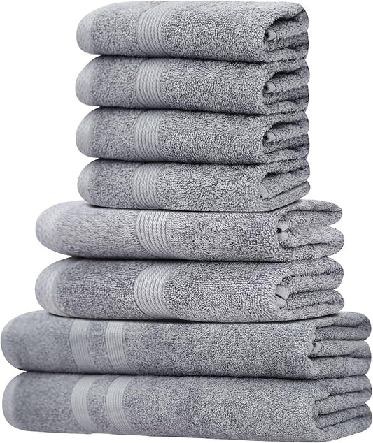 Organix 8 Piece Towel Set, 2 Bath Towels, 2 Hand Towels, 4 WashCloths, Lightweight Cotton Towels for Bathroom, Soft Absorbent and Quick Dry (Light Grey)