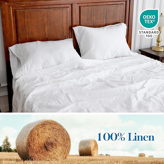 Simple&Opulence 100% Linen Pillowcase with Hand Drawing Hemstitch Pillow Cover Queen Size Set of 2 Soft and Durable (White, 20''x30'')