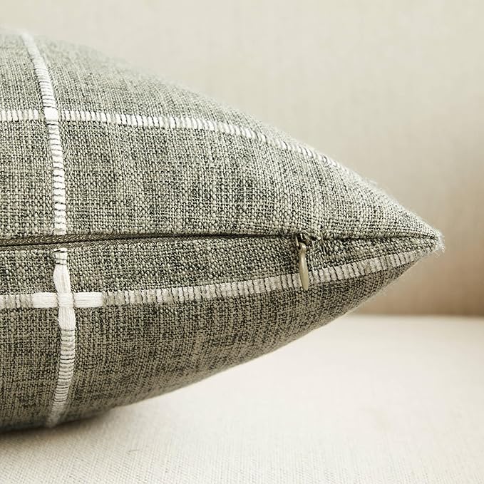 2 Packs Grid Embroidery Throw Pillow Covers, 12x20 Inch Olive, Farmhouse Linen Decorative Olive Cushion Covers for Sofa Bed Living Room Home Decor