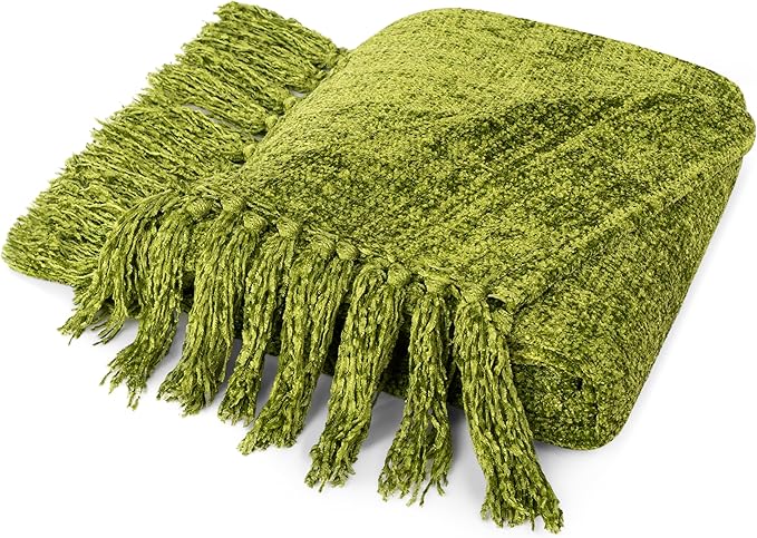 PAVILIA Olive Green Chenille Throw Blanket for Couch Sofa, Soft Olive Knit Throw with Tassel, Decorative Blanket for Bed Chair Living Room, Olive Green 50x60