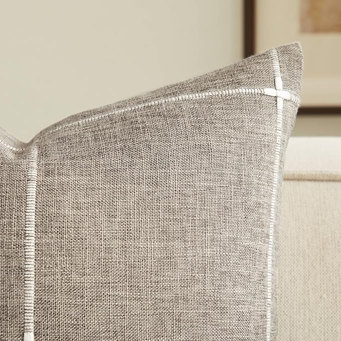 2 Packs Grid Embroidery Throw Pillow Covers, 22x22 Inch Cocoa Brown, Farmhouse Linen Decorative Dark Brown Cushion Covers for Sofa Bed Living Room Home Decor