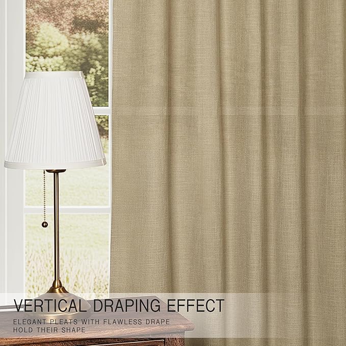 HESTIA Linen Curtains 96 inches Long for Living Room 2 Panels Set Khaki Drapes 70% Blackout Privacy Khaki Light Filtering Country Rustic Farmhouse Curtain for Home Office (96" L x 52" W)