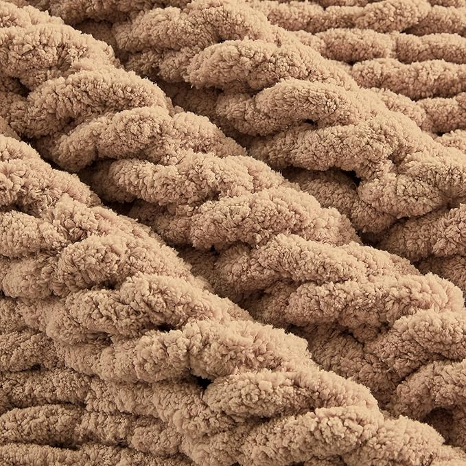 Carriediosa Chunky Knit Throw Blanket 50" X 60", 100% Hand Made Large Chenille Loop Yarn Soft Fluffy Throws for Couch Sofa Bed, Big Crochet Cozy Heavy Thick Cable Woven Blankets, Tan Brown