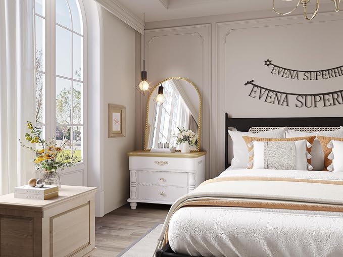 Arched Mirror for Wall, 24"x32" Gold Arch Bathroom Vanity Mirror, Metal Flower Frame Decorative Arch Wall Mirror, Antique Gold Arched Mirror for Washroom, Bedroom, Entryway, Living Room