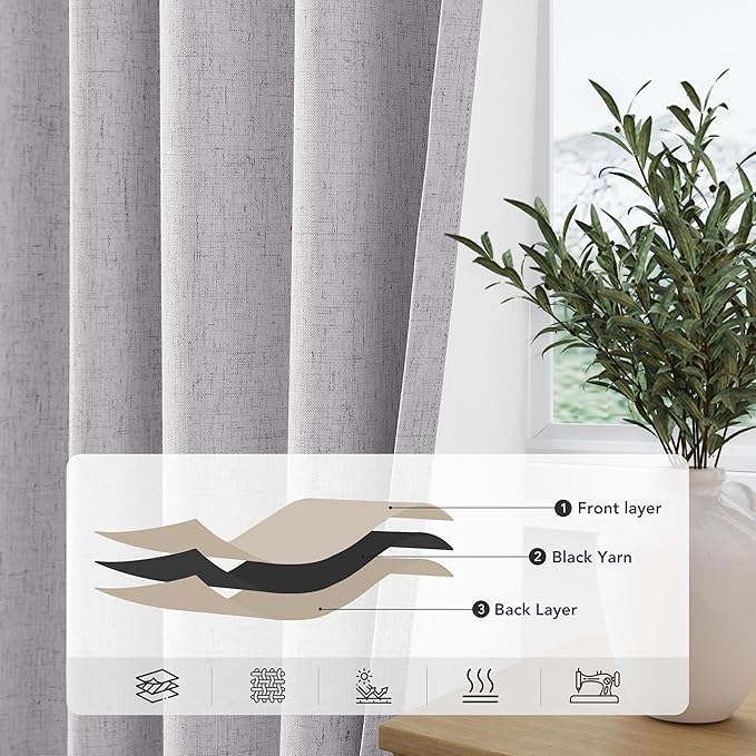Grommet Grey Blackout Linen Curtains 96 inches Long for Bedroom Full Light Blocking Thermal Insulated Black Out Curtain Panels 96 Inch Length Energy Saving Room Darkening Curtain White Backing 8ft