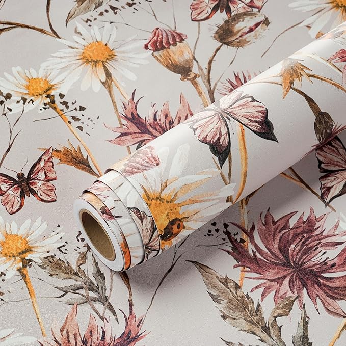 Livelynine Neutral Floral Wallpaper Peel and Stick Retro Daisy Flowers White Taupe Purple Wildflower Wall Paper Mural Bedroom Kids Girls Bathroom 17.5x78.8 French Country Butterfly Bee Ladybug Contact