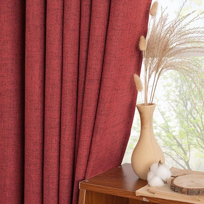 YoungsTex Red Linen Curtains for Living Room 72 Inches Long 2 Panels - Christmas Light Filtering Drapes with Back Tab Rod Pocket Privacy Semi Sheer for Bedroom, 52 X 72 Inch
