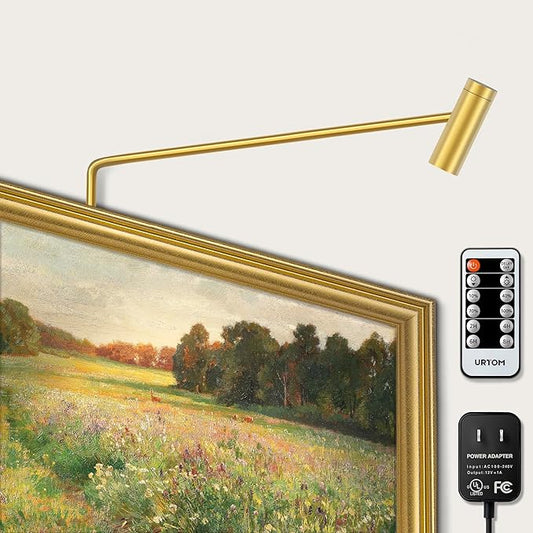 Brass Picture Light Plug in LED Picture Lights for Wall 3000K Warm White Picture Frame Light with Remote Control & Timer Dimmable Picture Lights Art Lighting for Paintings Wall Display Gallery