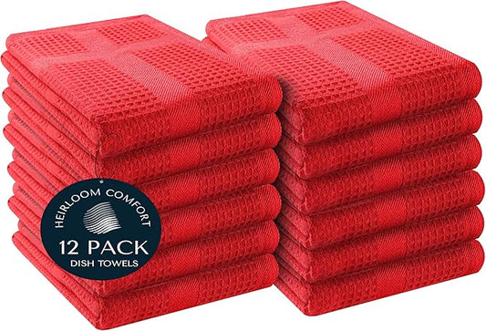 12 Pack Red Waffle Weave Kitchen Towels, 16x26 Inch, 100% Cotton, Absorbent Dishcloth Set, Quick Drying, Durable for Cleaning, Wiping, Drying Dishes, Machine Washable Dish Towel, Red