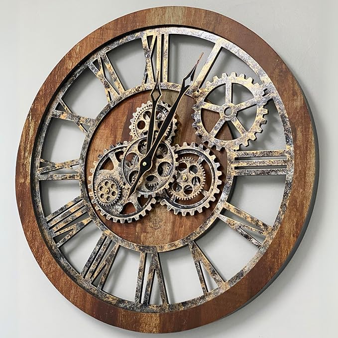 ImprovingLife The Gears Clock The Original Real Moving Gear Wall Clock Vintage Industrial Oversized Rustic Farmhouse (24 inch (60cm), Vintage Brown)
