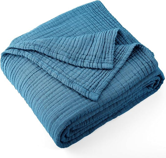 Carriediosa 100% Cotton Muslin Throw Blanket 70" X 80" Twin Size，4-Layers Summer Gauze Throws for Bed Couch，Soft Lightweight Breathable Linen Blankets Bedspread for Adults All Season，Dusty Blue