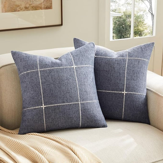 2 Packs Grid Embroidery Throw Pillow Covers, 16x16 Inch Navy Blue, Farmhouse Linen Decorative Navy Blue Cushion Covers for Sofa Bed Living Room Home Decor