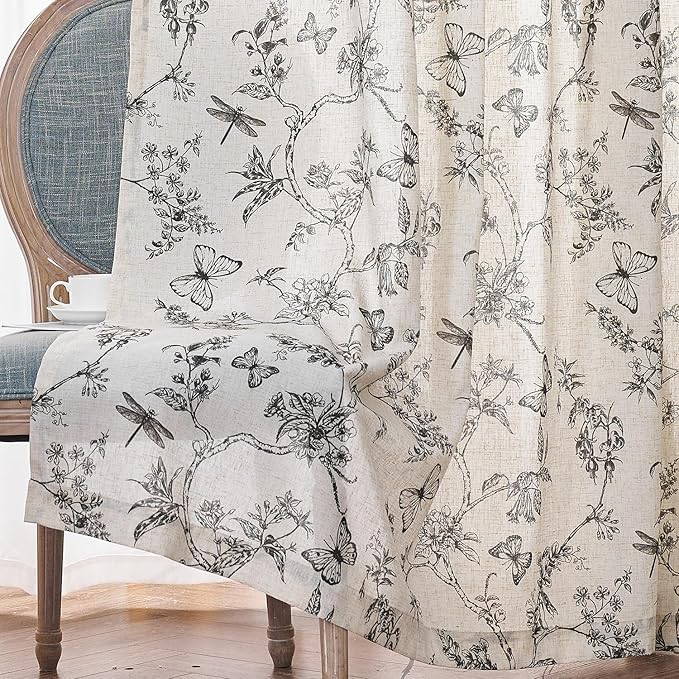 Lazzzy Black Floral Linen Farmhouse Curtains 96 Inches Long Back Tab Drapes for Living Room Bedroom Light Filtering Country Vintage Rod Pocket Curtains,2 Panels, Black on Beige