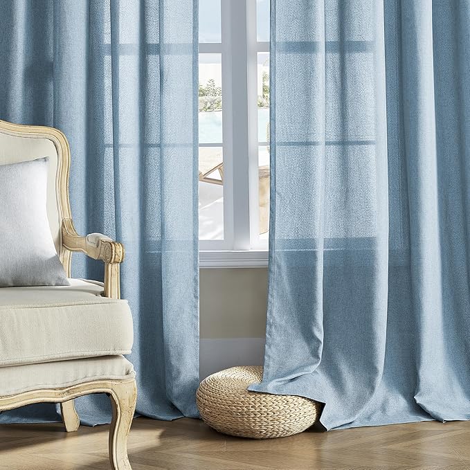 DONREN Dusty Blue Curtains 96 Inch Length for Living Room 2 Panel Back Tab Rod Pocket Drape Light Filtering Semi Sheer Linen Textured Curtain for Bedroom Modern Farmhouse Decor 50x96 Long
