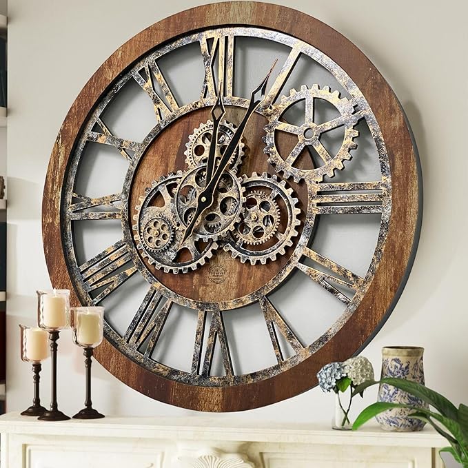 ImprovingLife The Gears Clock The Original Real Moving Gear Wall Clock Vintage Industrial Oversized Rustic Farmhouse (24 inch (60cm), Vintage Brown)