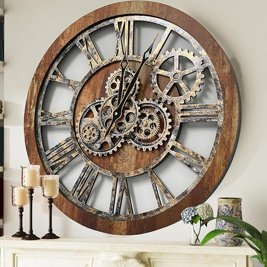 ImprovingLife The Gears Clock The Original Real Moving Gear Wall Clock Vintage Industrial Oversized Rustic Farmhouse (24 inch (60cm), Vintage Brown)