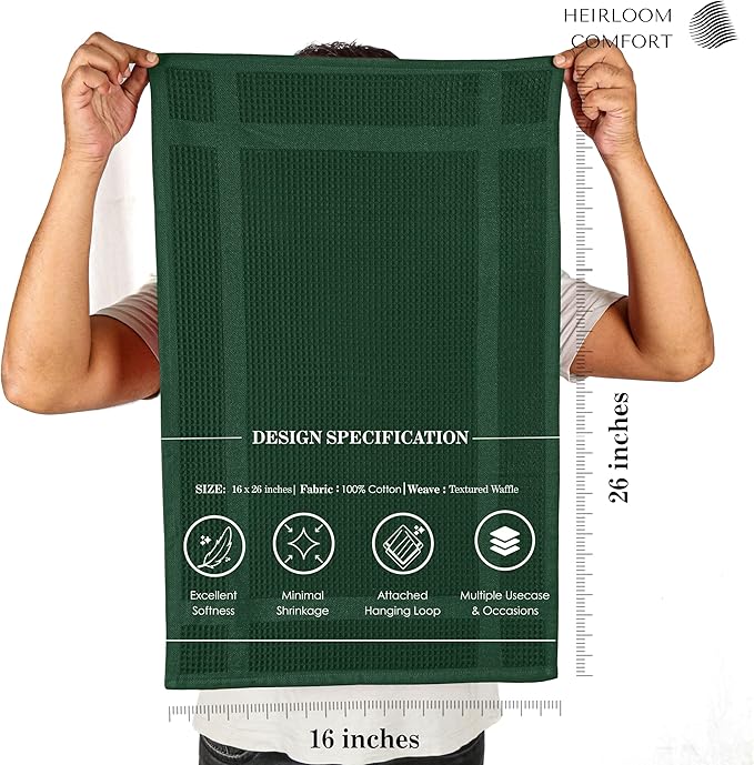 3 Pack Waffle Weave Kitchen Towels, 16x26 Inch, 100% Cotton, Absorbent Dishcloth Set, Quick Dry, Soft for Cleaning, Wiping, Hand Towels, Dish Rags, Wash Cloth, Durable, Forest Green