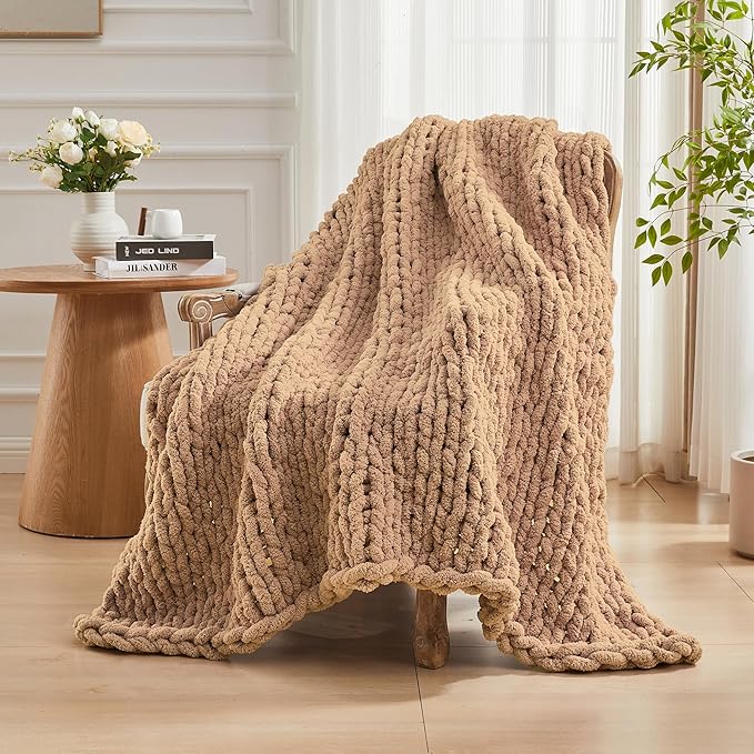 Carriediosa Chunky Knit Throw Blanket 50" X 60", 100% Hand Made Large Chenille Loop Yarn Soft Fluffy Throws for Couch Sofa Bed, Big Crochet Cozy Heavy Thick Cable Woven Blankets, Tan Brown