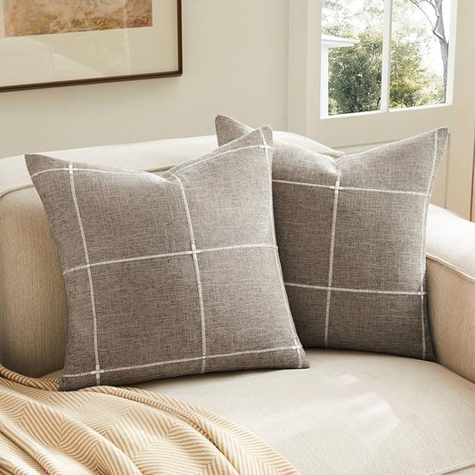 2 Packs Grid Embroidery Throw Pillow Covers, 16x16 Inch Cocoa Brown, Farmhouse Linen Decorative Dark Brown Cushion Covers for Sofa Bed Living Room Home Decor